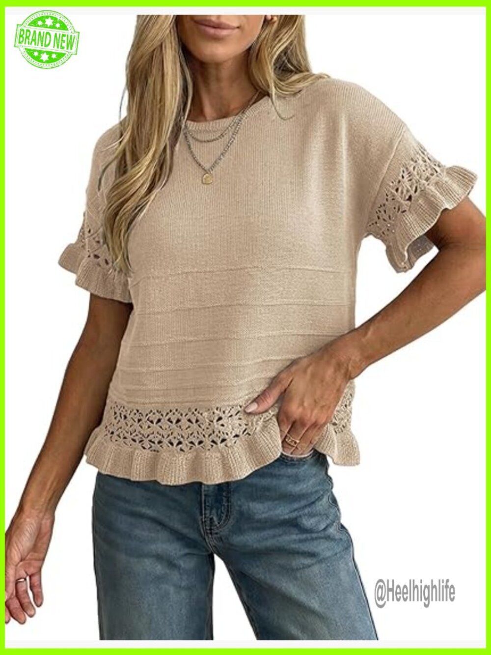 Cropped Crochet Sweater Short Sleeve Ruffled Hem Pullover Lightweight Knit